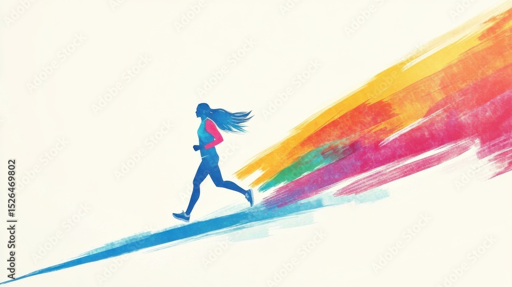 Fototapeta premium Adult woman running outdoors with vibrant color streaks