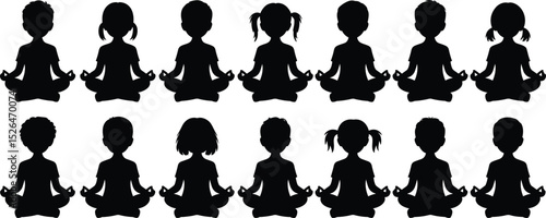 Kids yoga meditation silhouette vector, children sitting in lotus pose, peaceful young meditators clipart, calm mindfulness posture design art