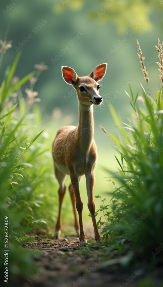 Fototapeta premium Young deer standing peacefully in forest during daytime