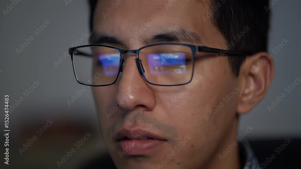 Focused Young Man Wearing Glasses with Screen Reflection, Concentrating on Computer Work Focused Young Man Wearing Glasses with Screen Reflection, Concentrating on Computer Work