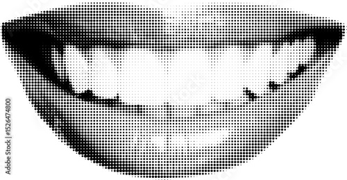 Halftone vector of smiling female lips with visible teeth, front view