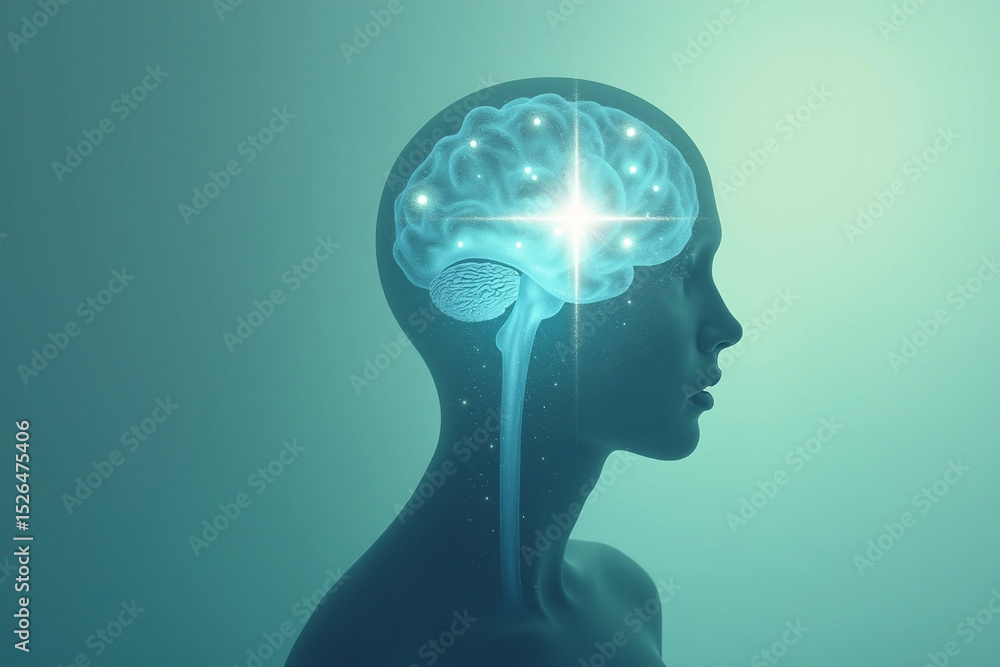 Obraz premium Conceptual Image of Human Head Silhouette with Glowing Brain and Neural Network