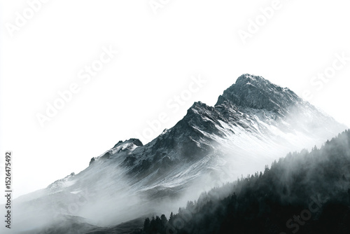 a mountain covered in snow and fog with a single plane flying by