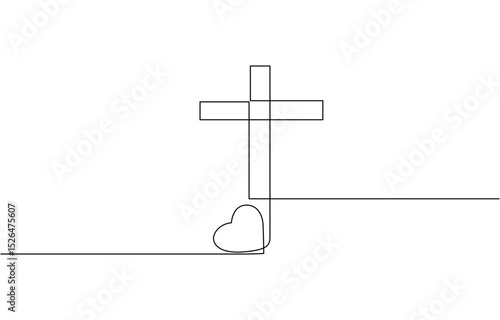Christian church symbol in continuous line drawing style. Line art of a heart with Christian cross.One Continuous line drawing cross of christ and heart. Vector illustration. EPS 10.