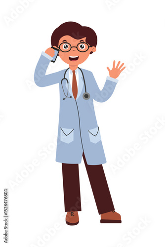 Doctor on the phone, cheerfully greeting patients in a friendly and professional manner during a busy medical day. Vector isolated illustration in flat style on white background.