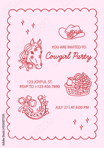 Cowgirl party invitation template with sample text and coquette frame. Hand drawn elements cowboy hat with flowers, horse portrait decorated with bow ribbon, picnic basket, lucky horseshoe, stars