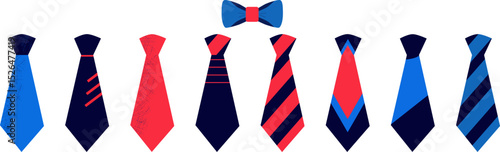 Set of colored men's ties. Collection of ties for business or party. Accessories for men's suits. Vector flat illustration.