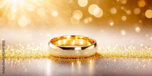 Sparkling Gold Diamond Wedding Ring on Glittering Background.