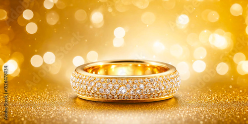 Sparkling Gold Diamond Ring on Glittering Background
