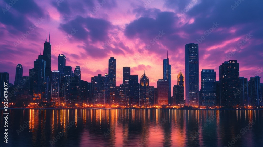 Fototapeta premium Illuminated cityscape at waterfront during serene sunset