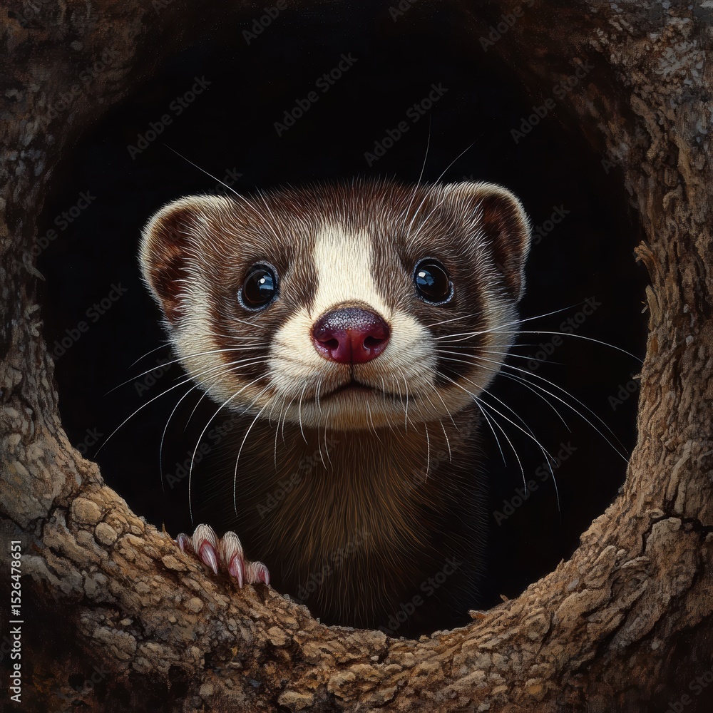 Fototapeta premium Curious polecat peeking out of tree hole in forest