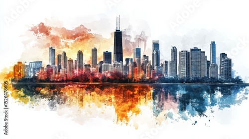 Picturesque cityscape at sunrise over waterfront buildings