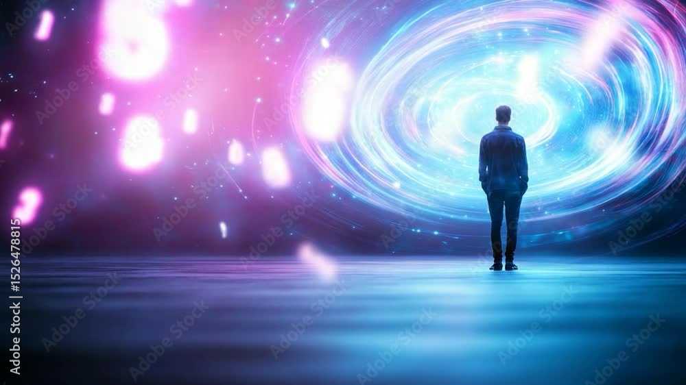 Person silhouetted before swirling portal of light and numerical figures future tech and digital transformation Person silhouetted before swirling portal of light and numerical figures future tech and digital transformation