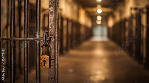 A prison cell door with a lock on it. The door is open and the lock is visible