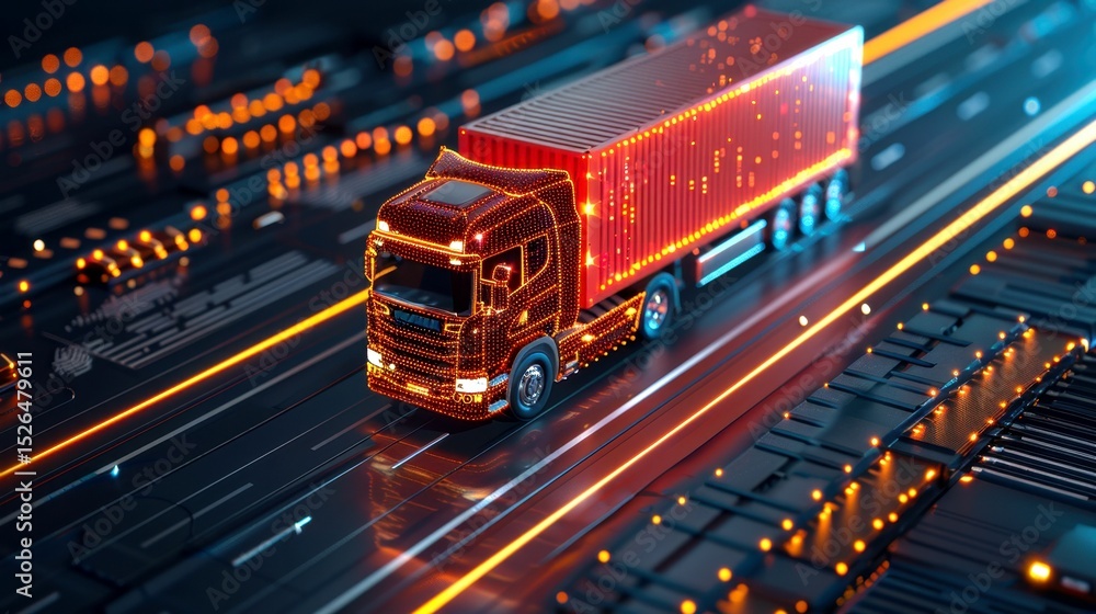 Fototapeta premium Futuristic digital truck driving on a circuit board highway, highlighting data and tech innovations in transportation.
