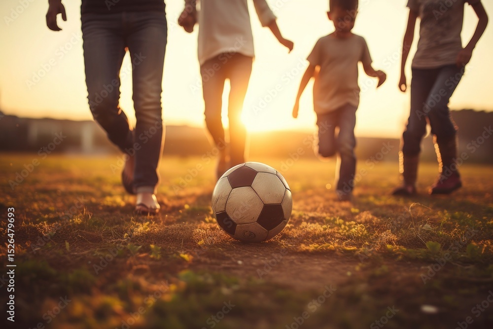 Fototapeta premium Family playing football together sports adult child.