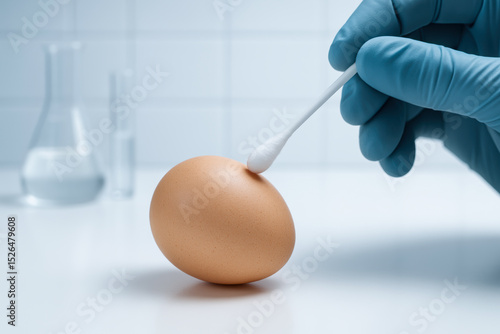 Egg recall concept. Hand in glove swabbing an egg in a laboratory setting.