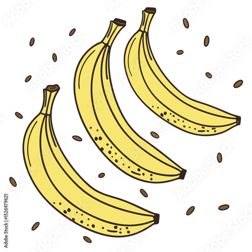 Three Yellow Ripe Bananas With Brown Spots And Seeds Isolated on White
