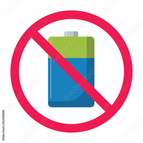 Forbidden sign with battery icon, no battery sign, batteries prohibition sign, no battery required, flat icon design vector illustration