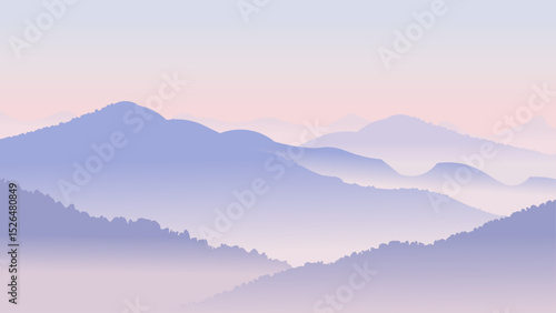 Soft pastel mountain landscape with misty hills and calm atmosphere at dawn