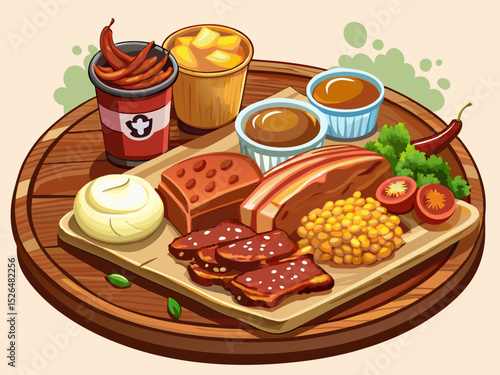 vector of A delicious barbecue plate with juicy ribs, cornbread, baked beans and coleslaw, served on a rustic wooden board for a hearty and satisfying meal.