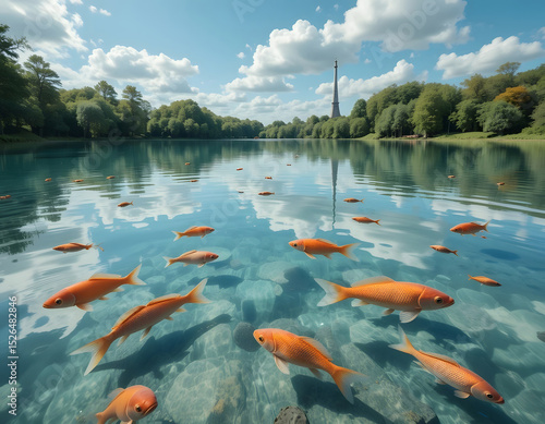 Scenic lake scene with orange fish and tower reflected in clear water under sky