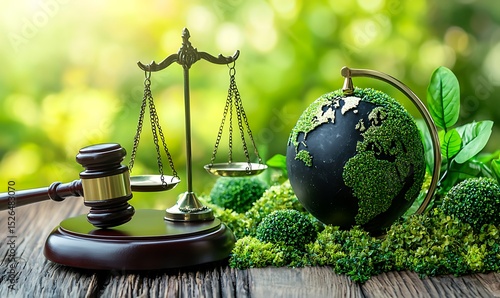 Gavel scales and earth globe depicting environmental law and justice on a wooden surface