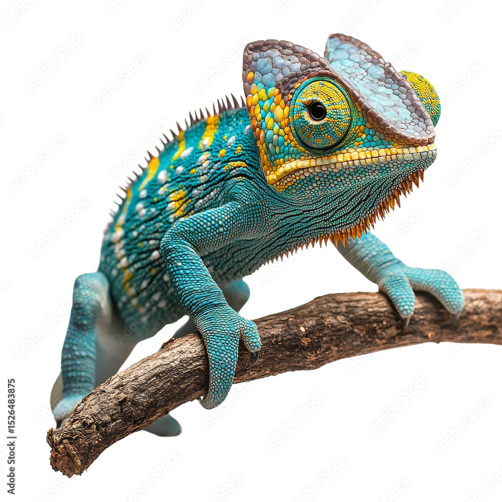 Obraz premium Vibrant Chameleon on a Branch, Exuding Rich Colors and Detailed Texture