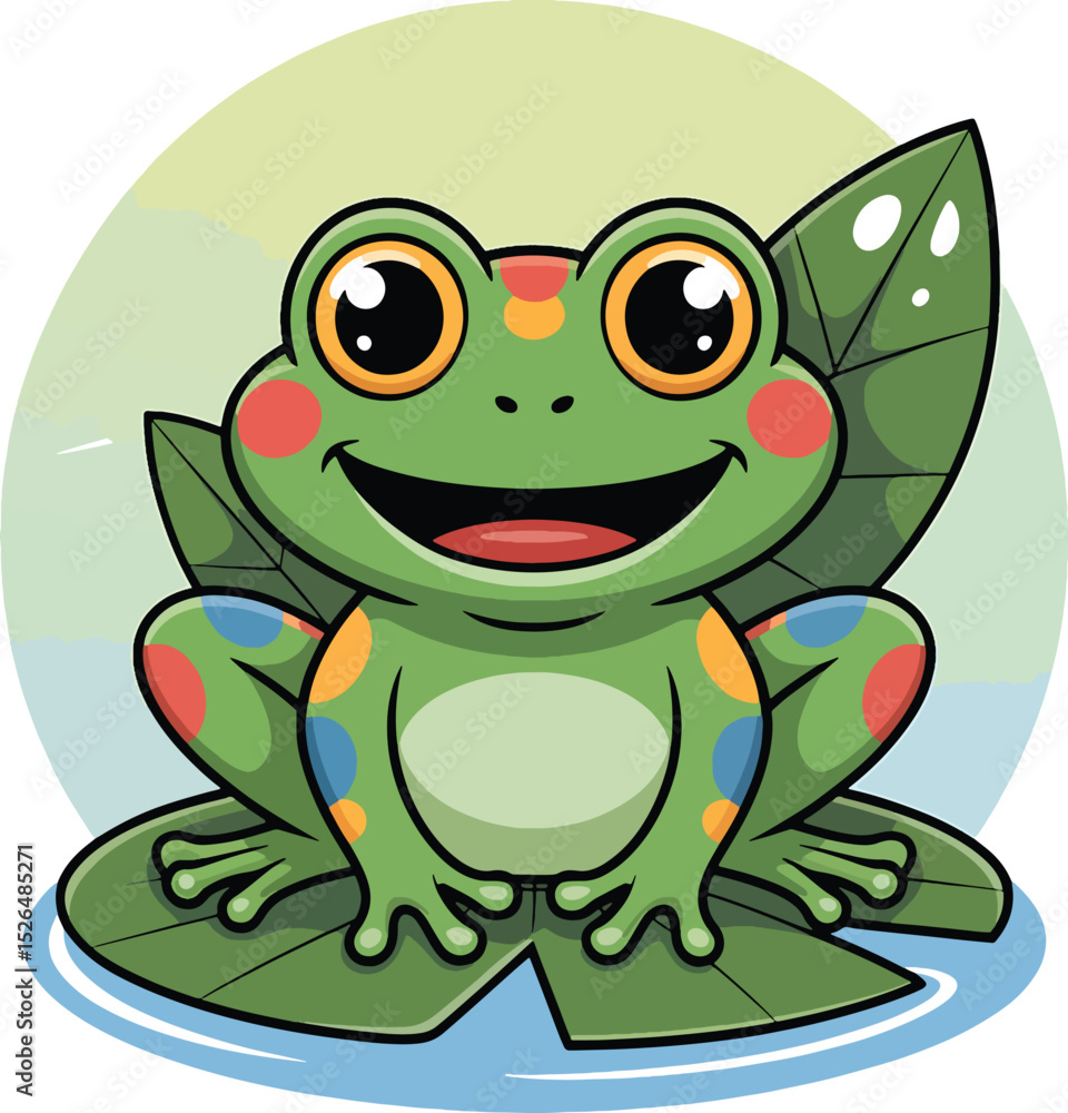 Obraz premium Happy Cartoon Frog Sitting On Leaf With Vibrant Colors