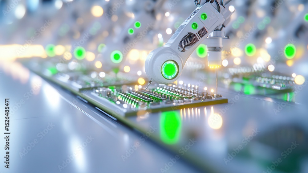 Fototapeta premium Futuristic robotics manufacturing, advanced mechanical arm assembling circuit boards with precision and innovative technology. Robotics and automation