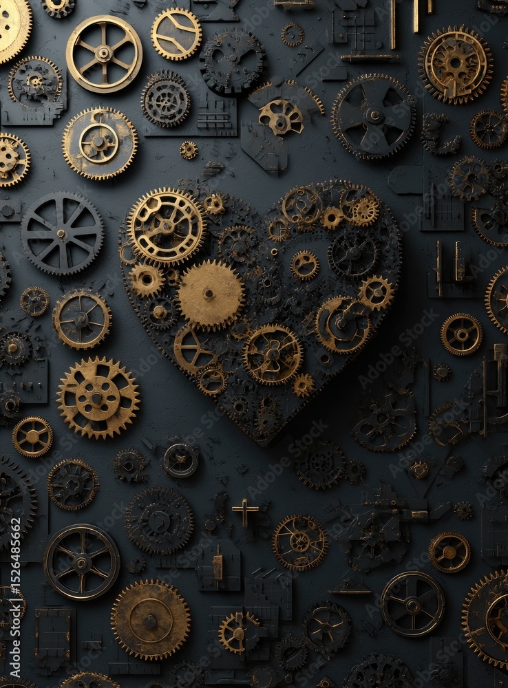 Heart-shaped mechanical gears on dark background Heart-shaped mechanical gears on dark background