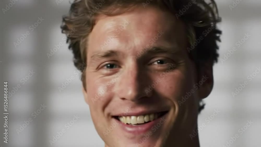 Close-up of a Young Man Smiling and Talking in a Video Interview Setting Close-up of a Young Man Smiling and Talking in a Video Interview Setting