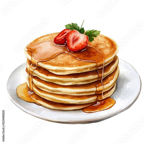 Classic Pancake Stack With Syrup, watercolor illustration vector, high quality, isolated on a white background.