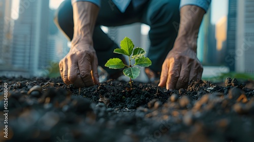 Wallpaper Mural Man planting sapling in urban soil with buildings in the background Torontodigital.ca