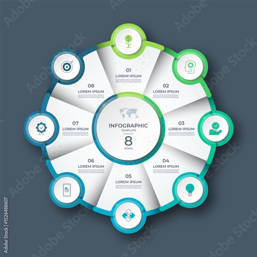 Modern circular infographic with 8 steps. Ideal for business process, strategy, timeline, workflow, or presentation design. Editable vector template with icons and clean layout.