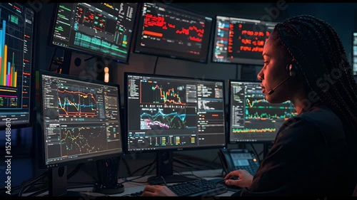 Female Data Analyst Monitoring Stock Market Charts on Multiple Screens in Dark Office