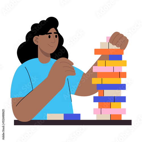 A flat style illustration showing a person playing jenga game