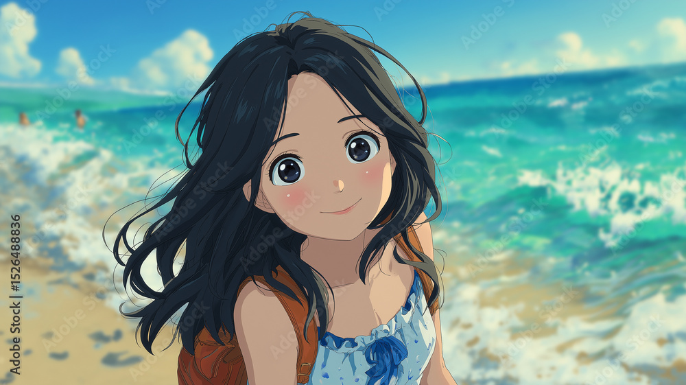 輝く波とエメラルドグリーンの海、笑顔の女性の南国のひととき|トロピカル|夏のバカンス|アニメ風|リゾート感ある背景|黒髪の美少女 輝く波とエメラルドグリーンの海、笑顔の女性の南国のひととき|トロピカル|夏のバカンス|アニメ風|リゾート感ある背景|黒髪の美少女