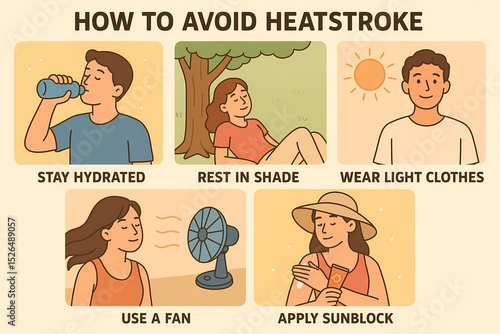 A flat vector infographic showing five illustrated actions to prevent heatstroke: drinking water, resting in shade, wearing light clothes, using a fan, and applying sunblock. 