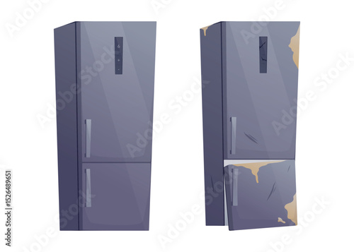 Two vector isolated cartoon closed refrigerators isolated on white, new and clean, the other old, dirty, scratched. Concept of contrast, repair, replacement, appliance lifecycle and decay.