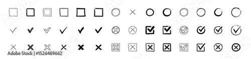 Check marks doodle set. Checkbox, checklist, tick and cross signs, v and x in sketch style. Hand drawn vector illustration isolated on white background, VECTOR ILLUSTRATION