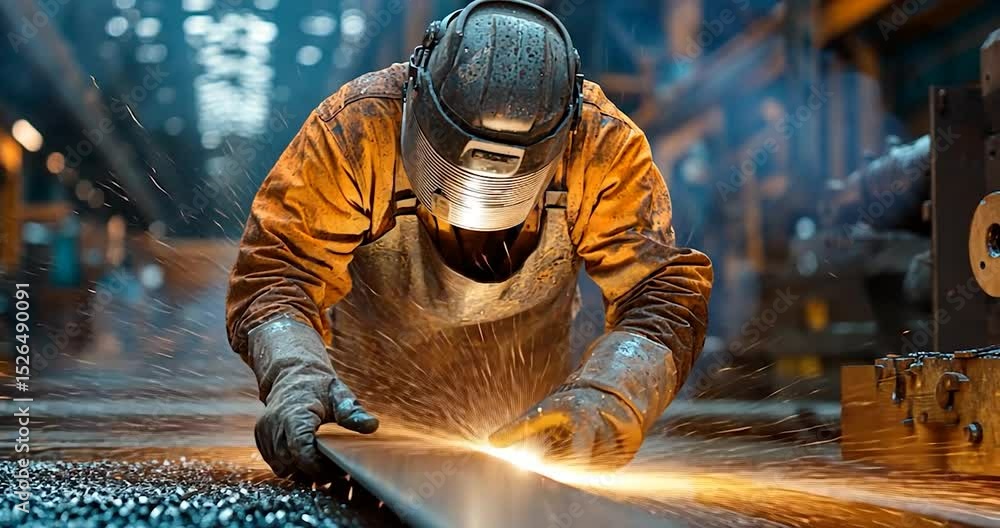 Worker in protective gear working with steel, industrial setting, sparks flying, fire and metal working Worker in protective gear working with steel, industrial setting, sparks flying, fire and metal working
