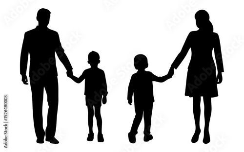 A boy hold hand her parent  full black silhouette vector illustration design