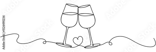 Two wineglasses with heart shape continuous line drawing. Cheers toast symbol. Celebration concept. Champagne drink. Vector illustration isolated on white.
