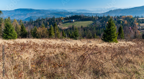 Fototapeta Naklejka Na Ścianę i Meble -  Autumn Beskid Slaski mountains in Poland - view bellow Cieslar hill summit