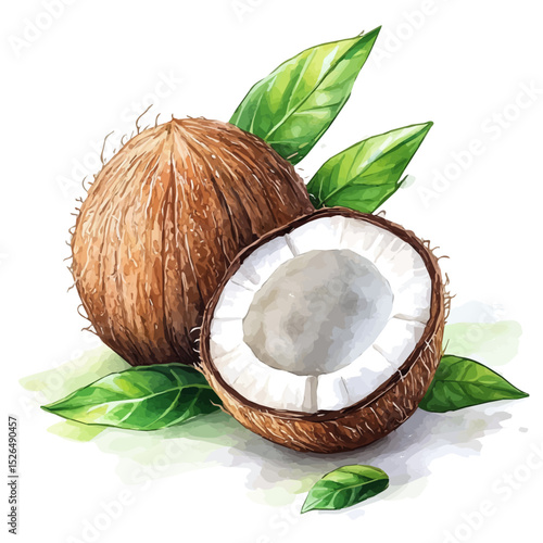 Coconut, watercolor clipart vector, high quality, isolated on a white background.