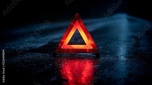 Red emergency warning triangle reflector on dark road at night for roadside safety and caution sign usage