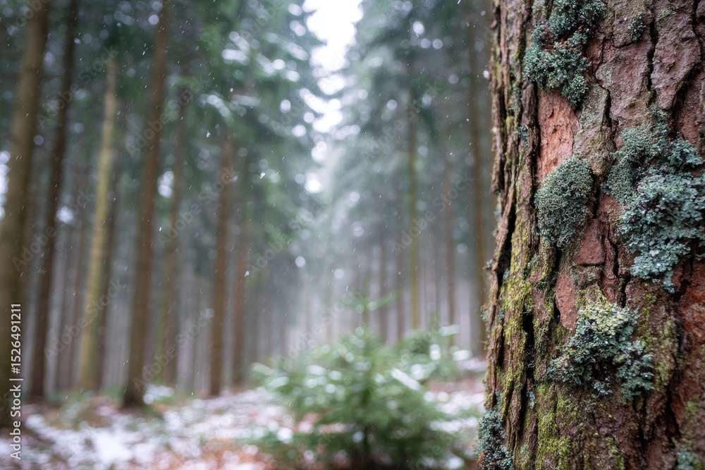 Fototapeta premium Snowy forest path, close-up tree trunk