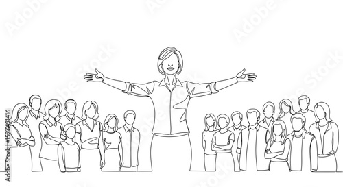 Leader Inspiring Audience with Outstretched Arms in Line Art Style for Leadership Blogs, Team Building Websites, Mentorship Programs, and Professional Development Resources
