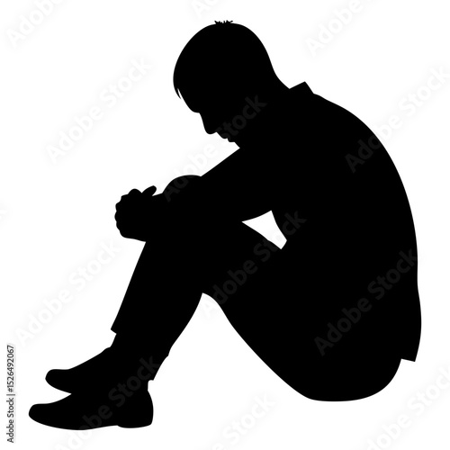 A sad man sitting on soil full black silhouette vector illustration design